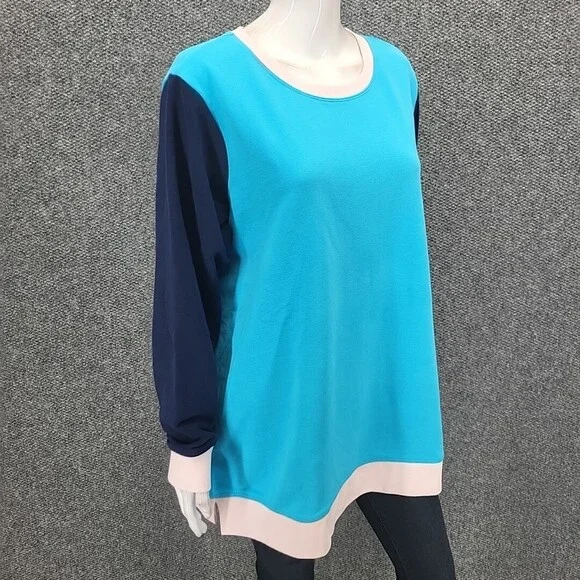 Lands End Serious Sweats Sweatshirt 1X Plus Size Teal Colorblock Print Pullover - Picture 5 of 10
